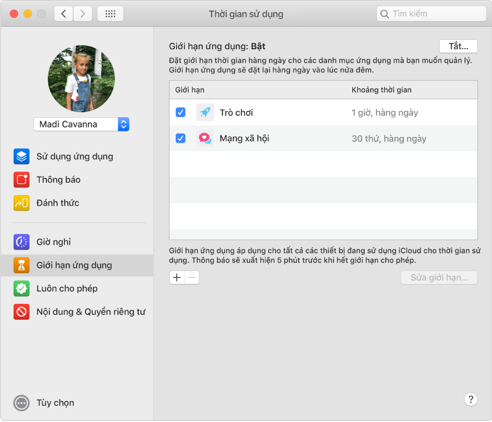 Khung Giới hạn ứng dụng của Thời gian sử dụng với Giới hạn ứng dụng đã được bật. Các giới hạn thời gian được thiết lập cho hai danh mục ứng dụng.