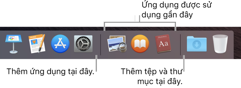 Đầu bên phải của Dock. Thêm các ứng dụng vào bên trái của phần các ứng dụng được sử dụng gần đây và thêm các thư mục vào bên phải của phần đó, nơi ngăn xếp Tải về và Thùng rác được đặt.