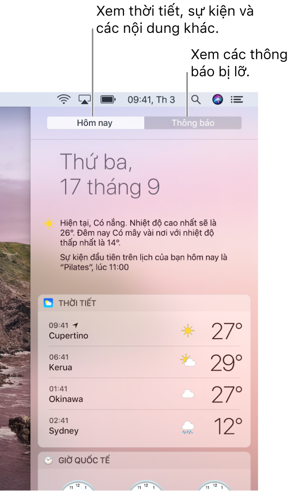 Chế độ xem Hôm nay đang hiển thị thời tiết tại ba vị trí. Bấm vào tab Thông báo để xem các thông báo bị lỡ.