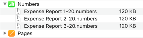 Ứng dụng Numbers trong cửa sổ Tệp với nút hiển thị được chọn để hiển thị ba tệp đã được đồng bộ hóa với thiết bị.