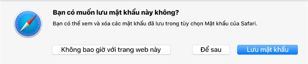 Hộp thoại hỏi liệu bạn có muốn lưu mật khẩu cho trang web hay không.