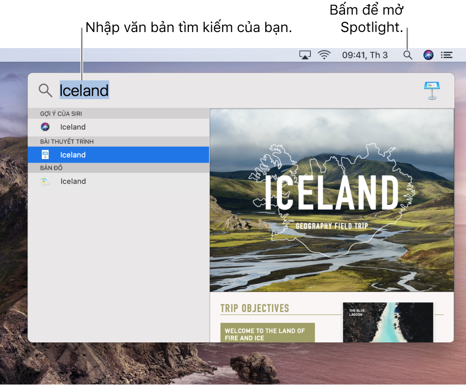 Menu Spotlight đang hiển thị một tìm kiếm mẫu với các kết quả tìm kiếm.