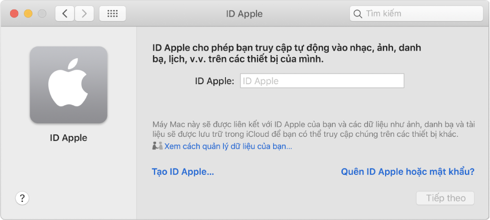 Hộp thoại đăng nhập ID Apple sẵn sàng cho việc nhập tên và mật khẩu ID Apple.