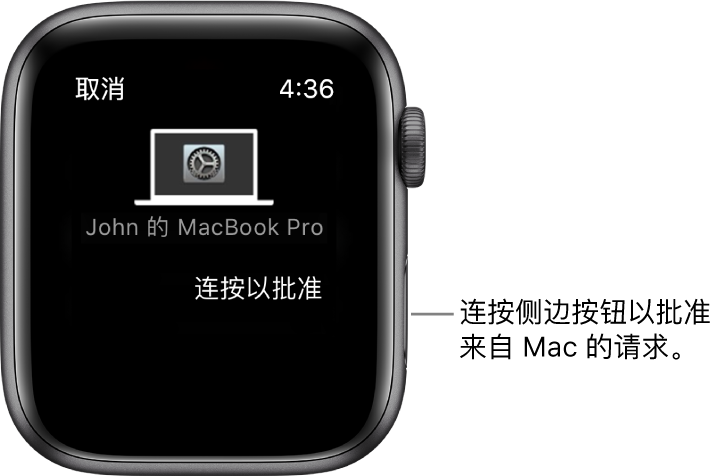 Apple Watch 显示来自 MacBook Pro 的批准请求。