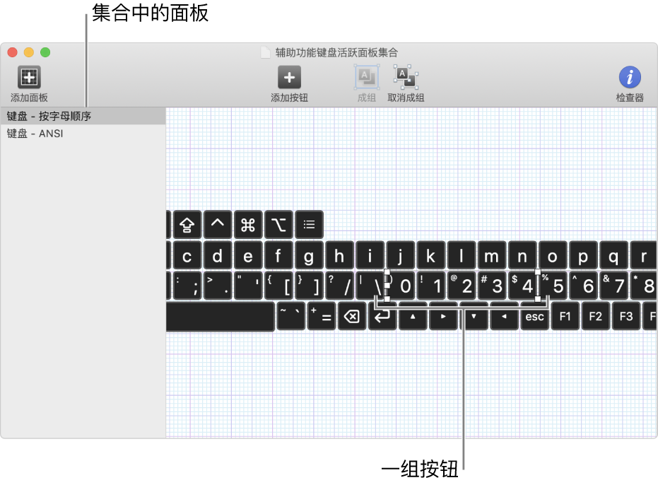 面板精选窗口的一部分，左边显示键盘面板列表，右边显示面板中包含的按钮和群组。
