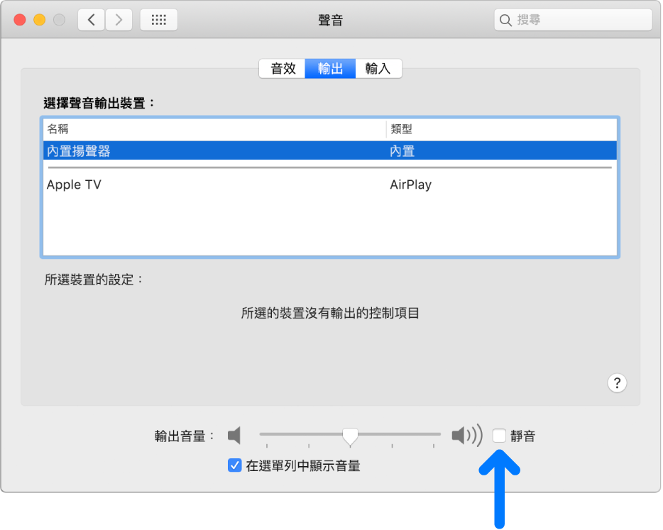 「聲音」偏好設定面板底部的「靜音」剔選框。