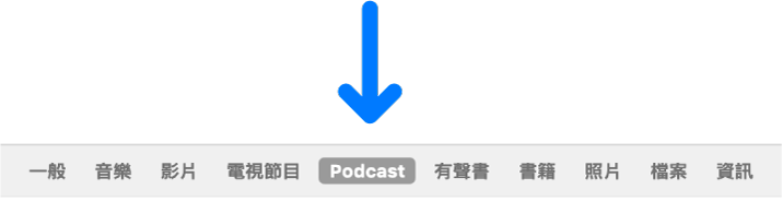 按鈕列顯示 Podcast 已選取。
