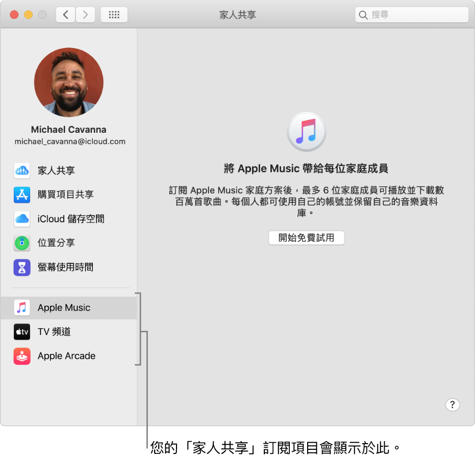 「家人共享」偏好設定顯示的側邊欄中，包含您可設定和使用的不同類型訂閱項目。