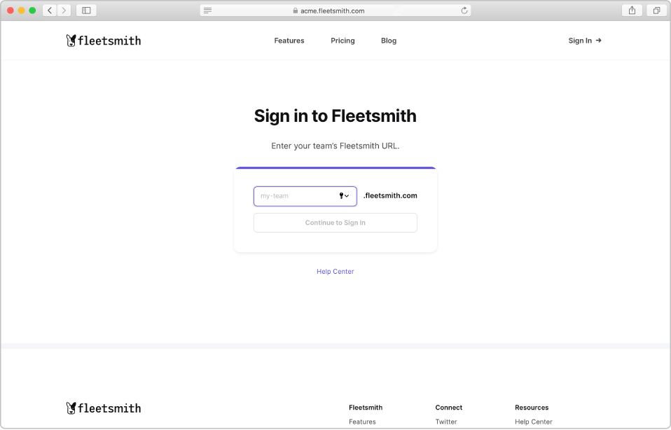 The Fleetsmith Admin Console showing how to sign in to Fleetsmith.