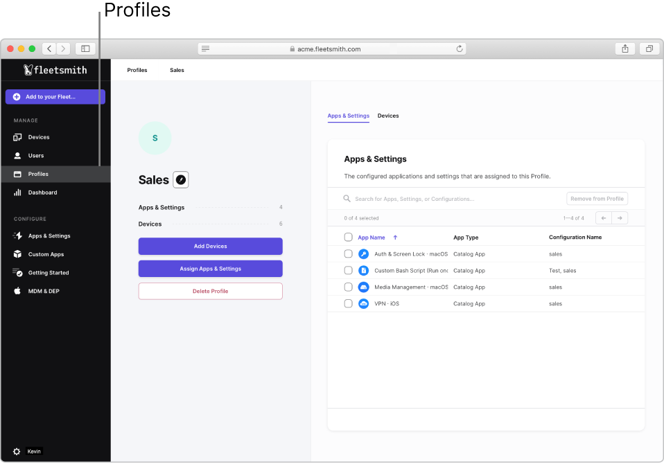 The Fleetsmith Admin Console showing the Profiles section and Apps & Settings configurations.