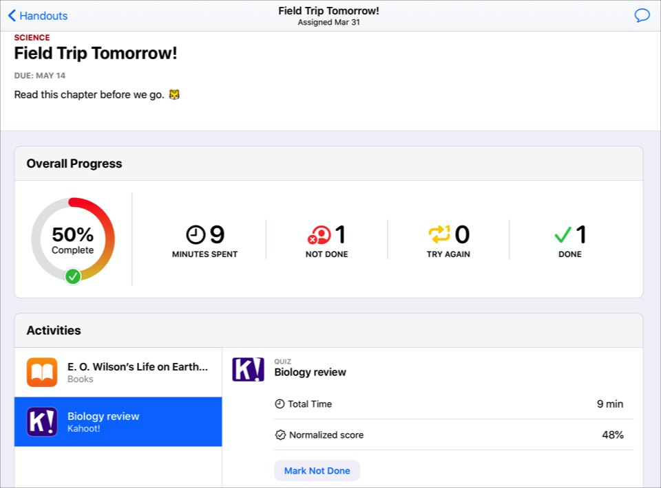 A sample Handout details view — Field Trip Tomorrow! — for a Science class showing detailed progress data for the selected activity, including time and score information. Overall Progress indicates you have completed 50% of the Handout with one activity to complete.