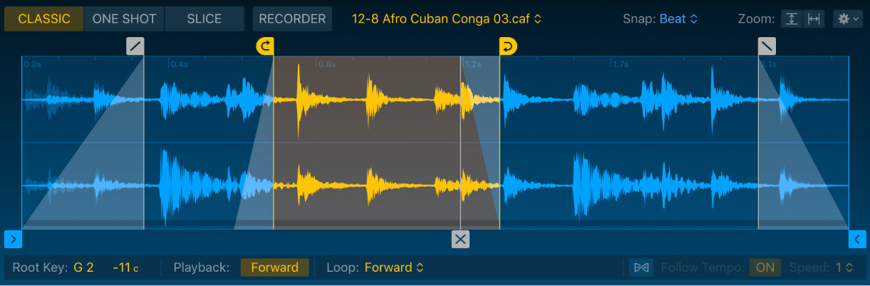 Figure. Quick Sampler mode buttons, waveform display, and playback parameters.