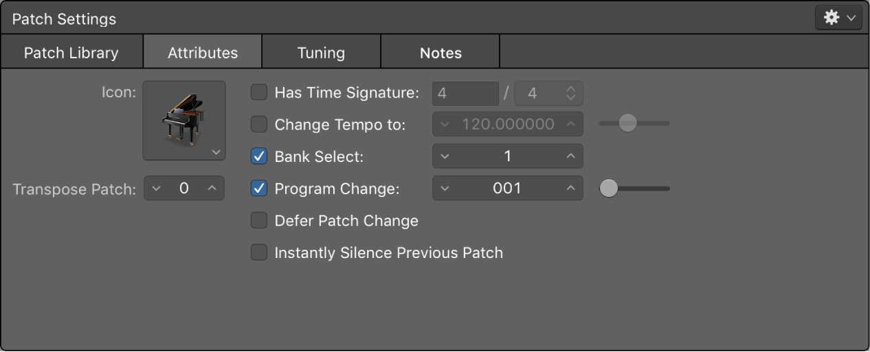 Figure. Patch Settings Inspector open to Attributes tab.