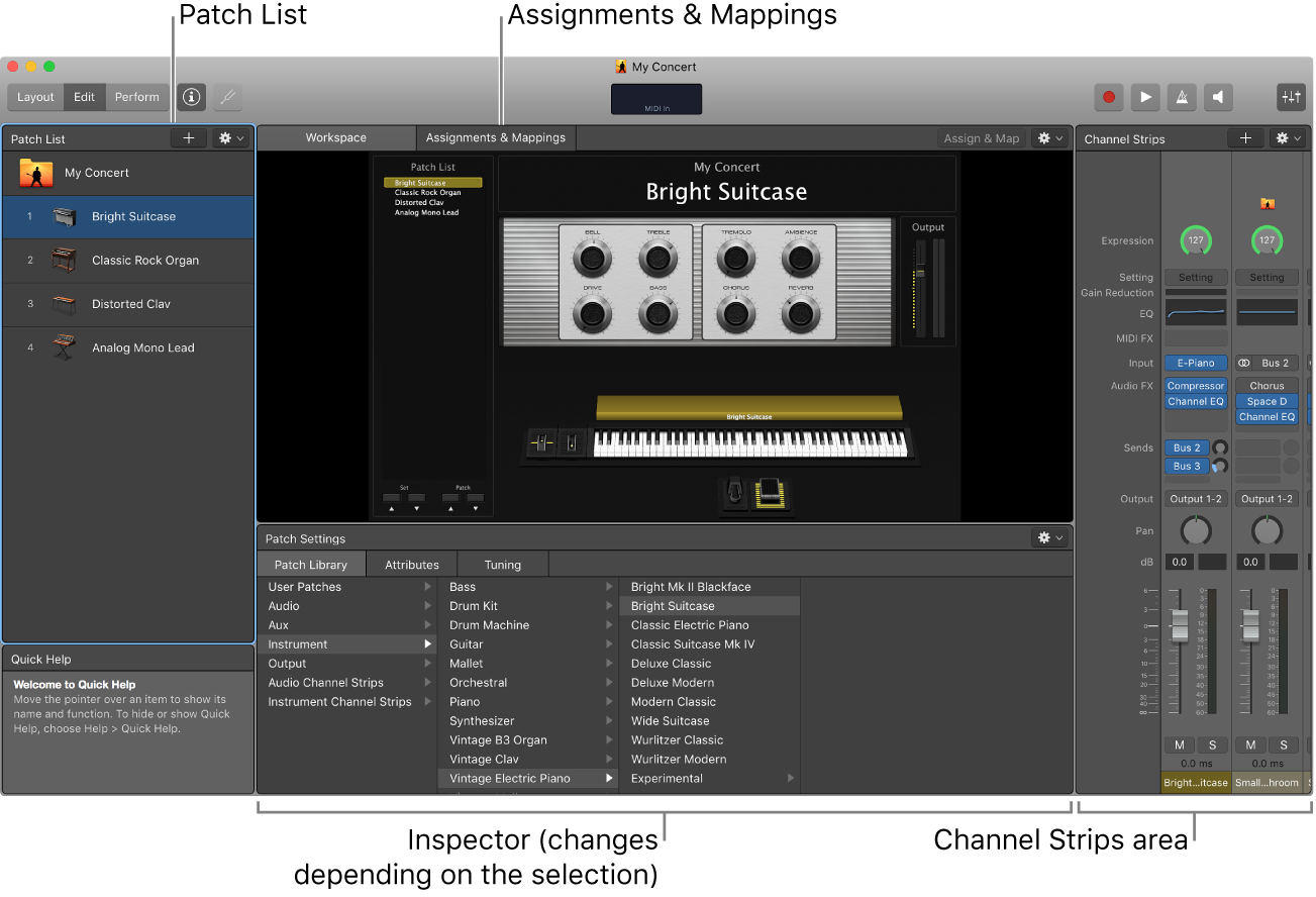 Figure. Edit Mode, showing the Patch List, Inspector, and Channel Strips area.