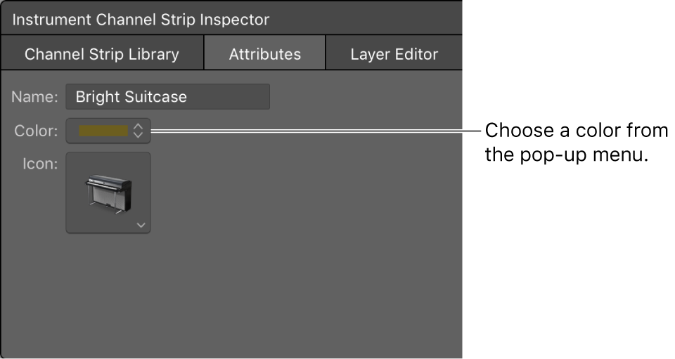 Figure. Channel Strip Inspector showing the Color pop-up menu.