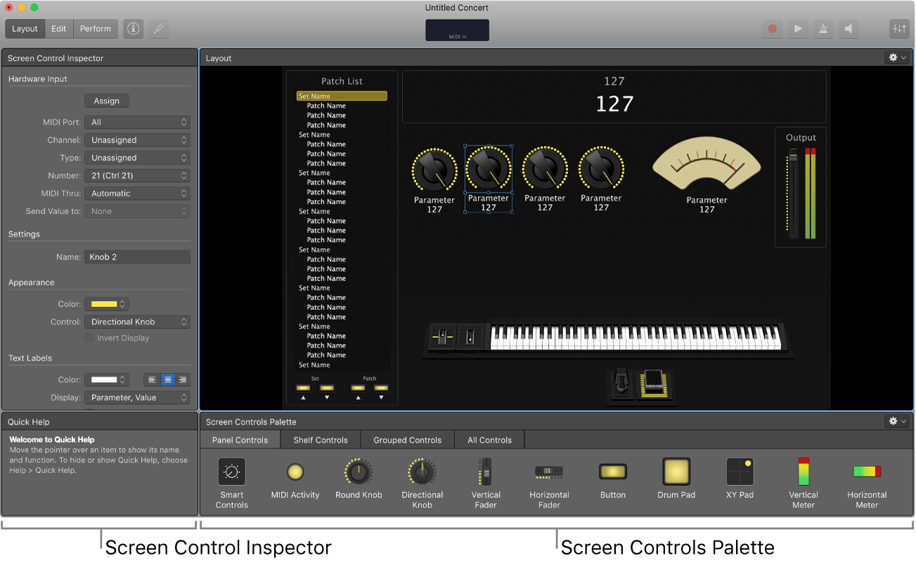 Layout Mode, showing the Screen Control Inspector and Screen Controls Palette.