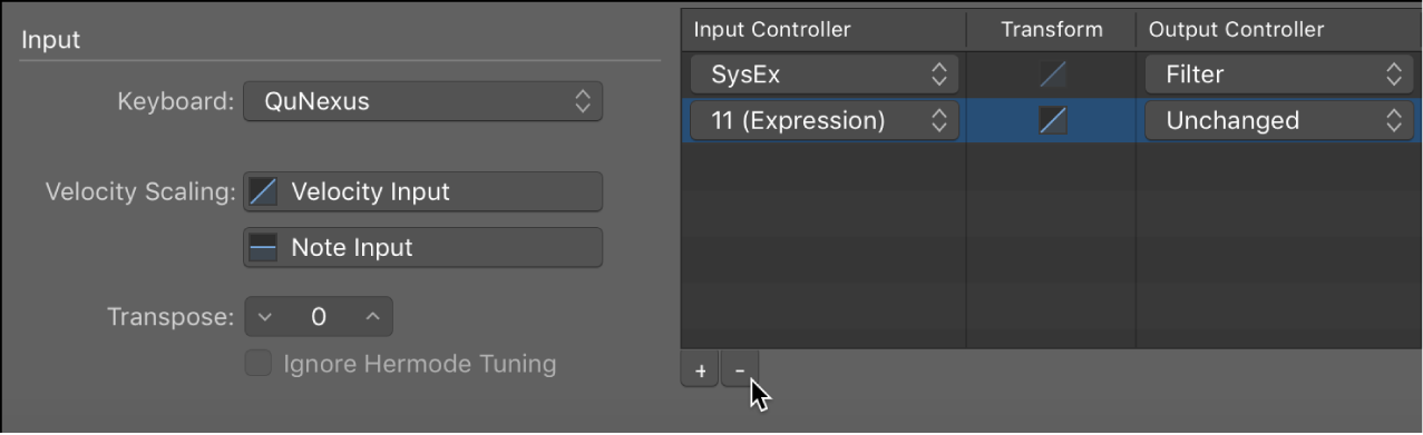 Figure. Remove a controller transform by clicking the “-” button.