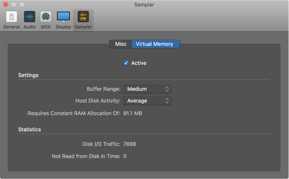 Sampler Virtual Memory preferences pane.