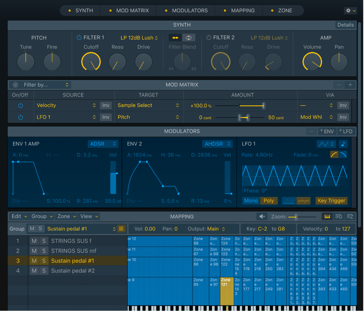 Ilustración. La interfaz de Sampler con los paneles Synth, “Mod Matrix”, Modulators y Mapping.