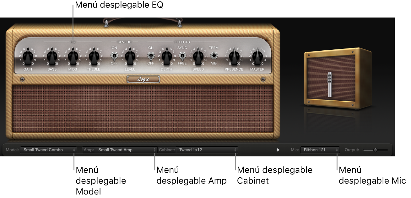 Ilustración. Ventana “Amp Designer” con las descripciones de los menús desplegables.