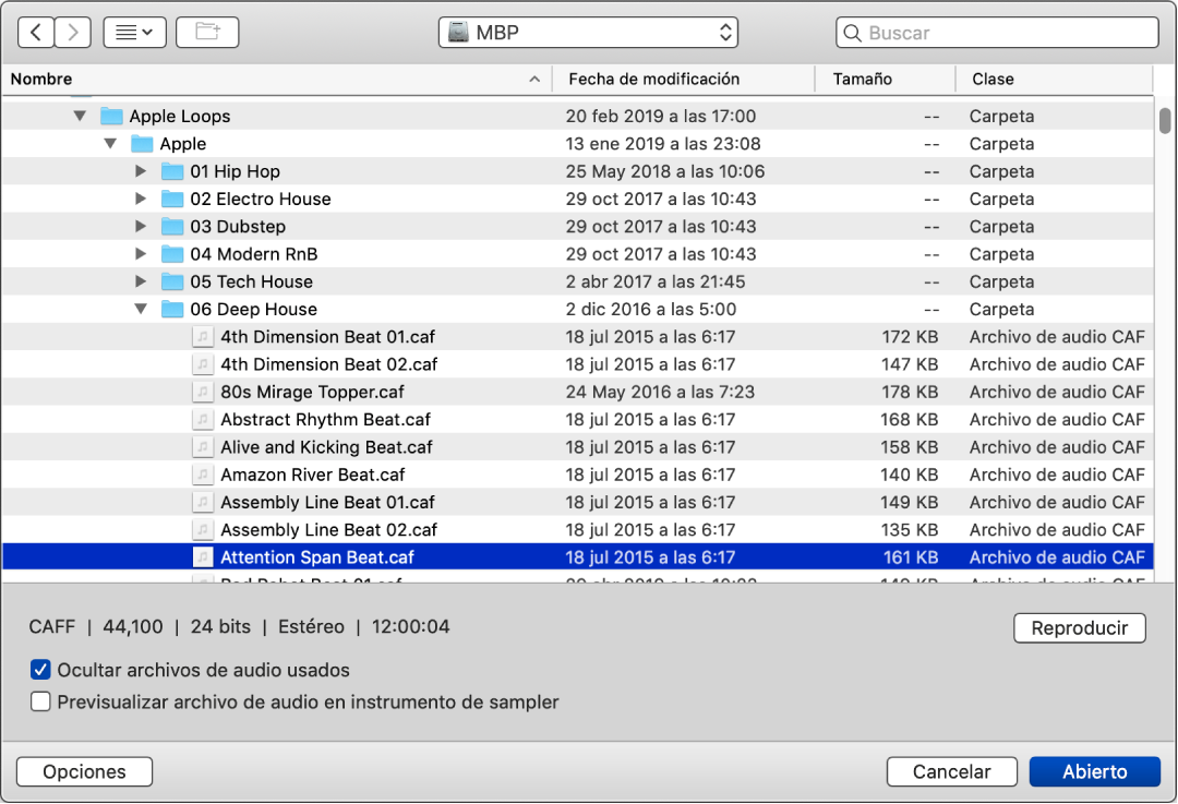 Ilustración. Selector de archivos de Sampler, que muestra un archivo de audio seleccionado, casillas de opciones y el botón Play.