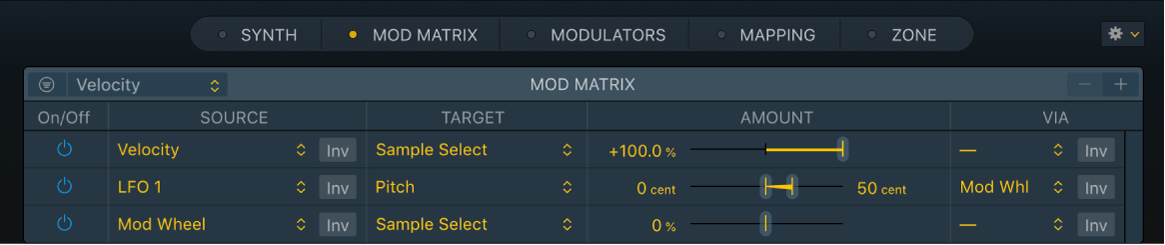 Figure. Sous-fenêtre Mod Matrix avec cibles de modulation, sources via, sources de modulation et curseurs d’intensité de modulation.