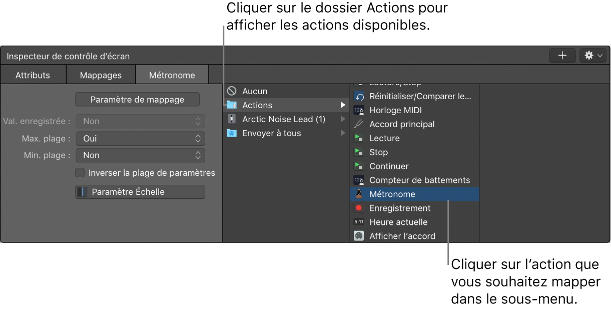 Figure. Mappage d’une commande d’écran avec une action dans le dossier Actions.