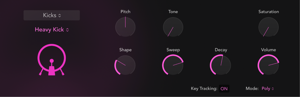 図。Drum Synthのインターフェイス。キックドラムのサウンドと関連パラメータが表示されています。異なるキックサウンドを選択すると、パラメータが変更されます。