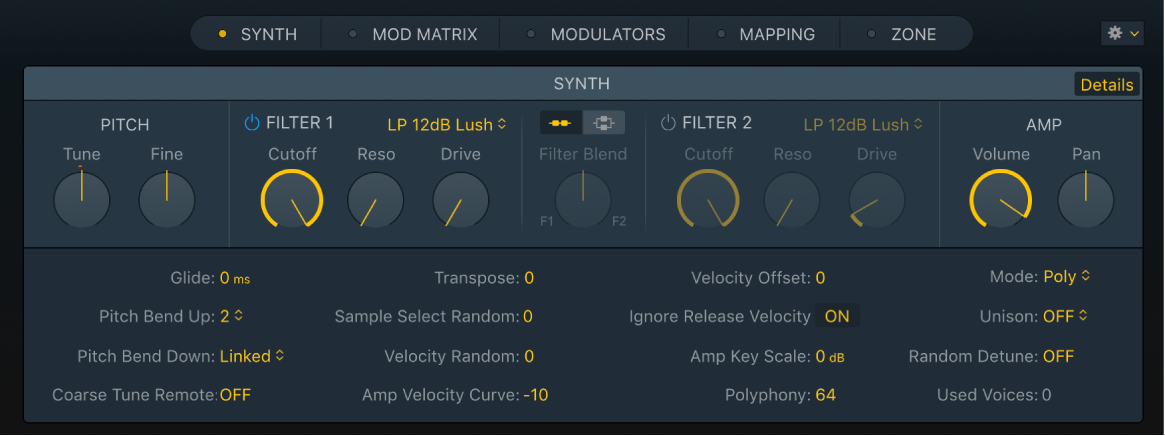 図、Samplerの「Synth」パネル。詳細パラメータも表示されています。