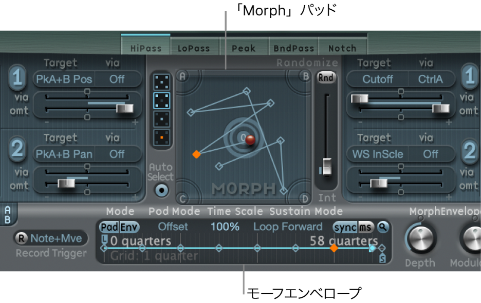 図。選択したポイントが表示されている「Morph」パッドとモーフエンベロープ。
