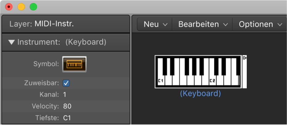 Abbildung. Environment-Fenster mit Anzeige eines Keyboard-Objekts und des zugehörigen Informationsfensters
