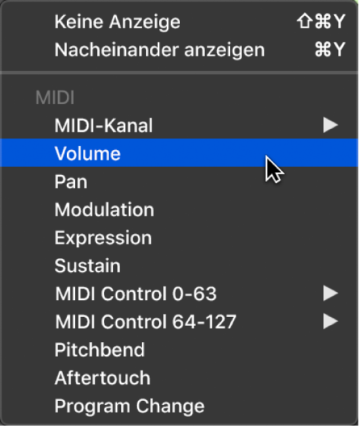 Abbildung. Einblendmenü „Automation/MIDI-Parameter“