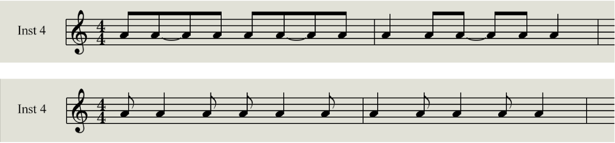 Abbildung. „Synkopierung“ deaktiviert und aktiviert im Notationseditor