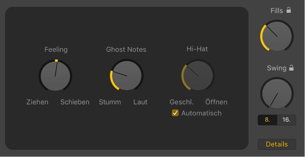 Abbildung. Drummer-Editor mit ausgewählter Taste „Details“ und den Drehreglern „Feel“, „Ghost Notes“ und „Hi-Hat“