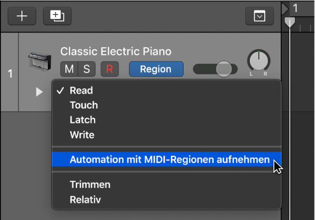 Das Menüobjekt „Automation mit MIDI-Regionen aufnehmen“ im Einblendmenü „Automationsmodus“