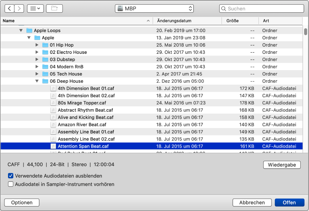 Abbildung. Sampler-Fenster „File Selector“ mit einer ausgewählten Audiodatei, Markierungsfeldern für Optionen und der Taste „Wiedergabe“.