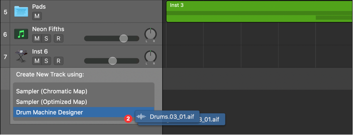 Dragging multiple audio files below the track headers, showing the different available options.