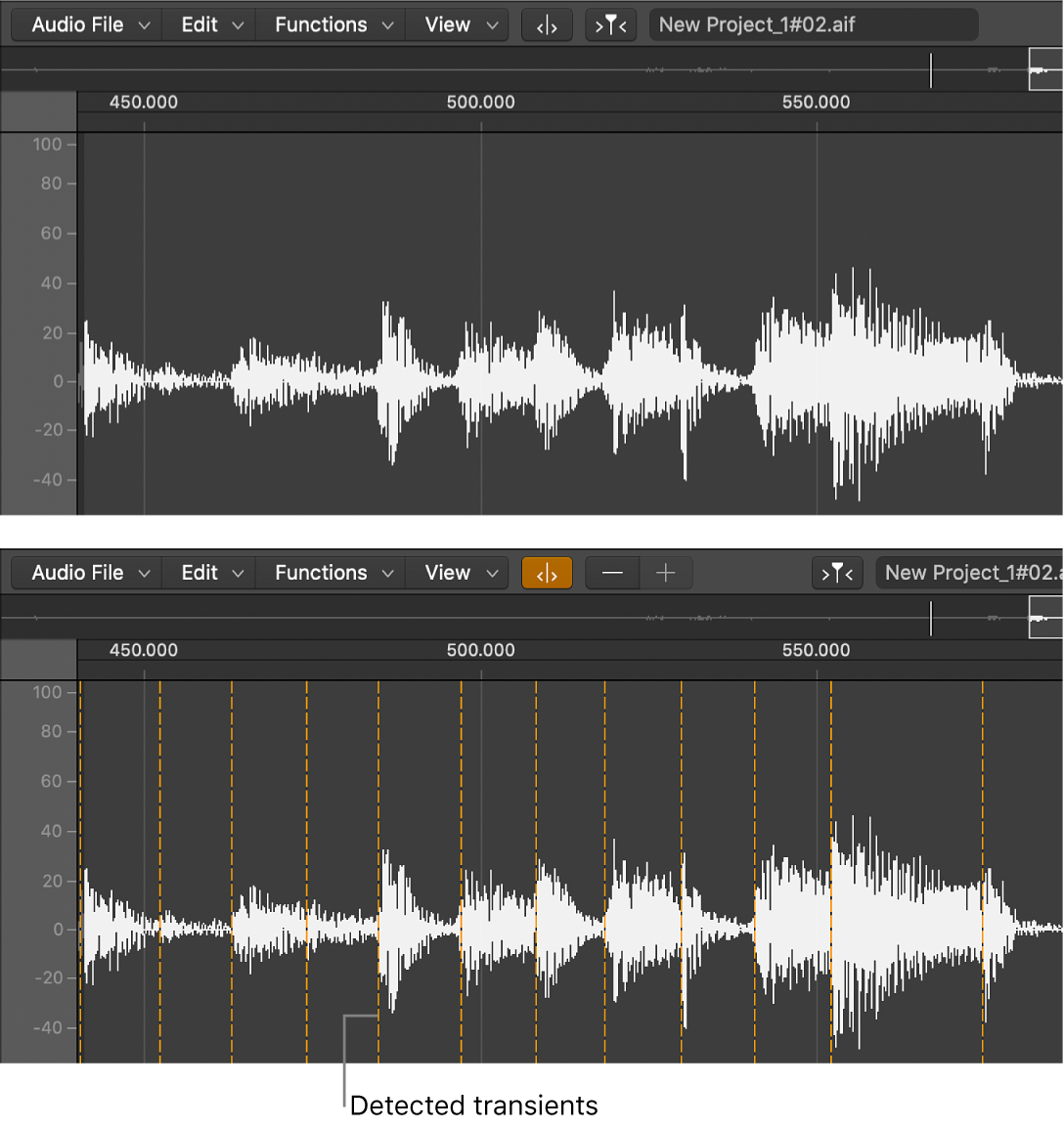 Figure. Audio region in Sample Editor, without transients and with transients.