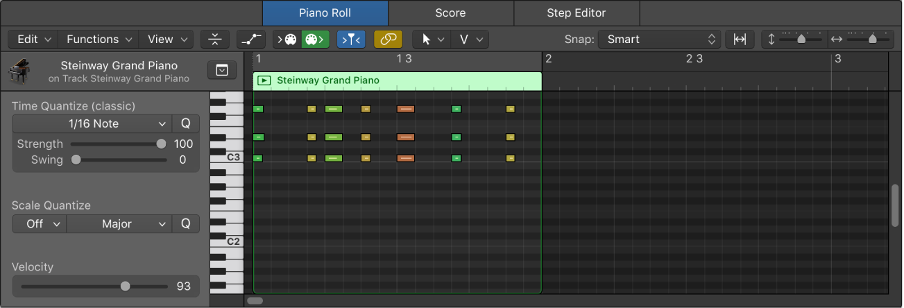 Figure. The Piano Roll Editor showing a MIDI region with note events.