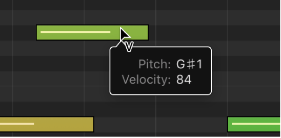 Figure. Editing the velocity of a MIDI note in the Piano Roll using the Velocity tool. The Help tag shows the Velocity value.