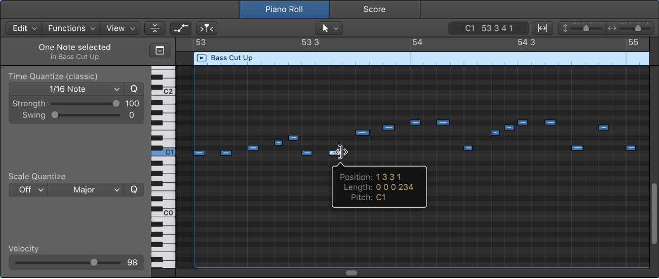 Figure. Editing a MIDI note event in the Piano Roll Editor.