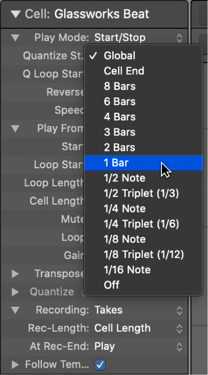Figure. The Quantize Start pop-up menu in the Cell inspector.
