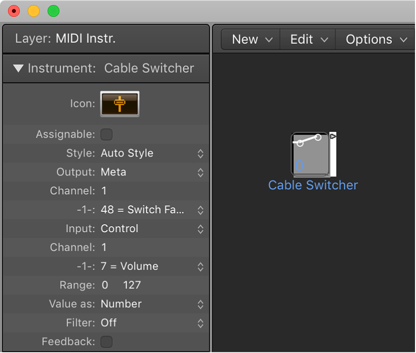 Figure. Environment window showing a cable switcher object and its inspector.