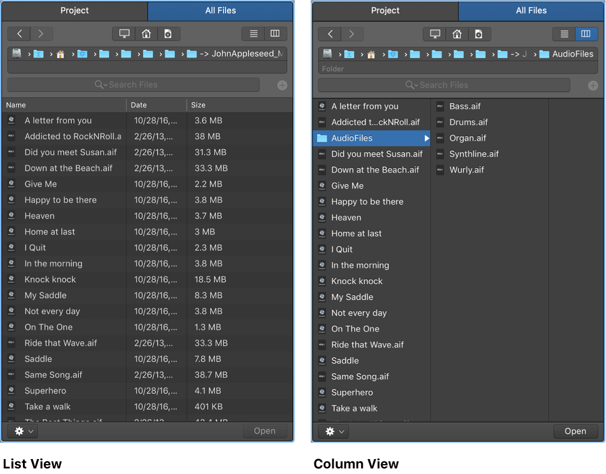 Figure. List view and Column view in the All Files Browser.