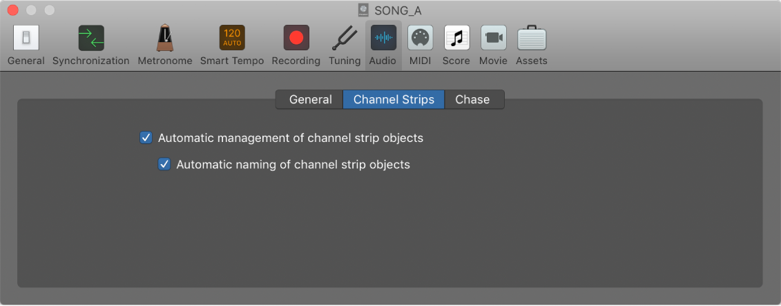 Figure. Channel strip audio settings.