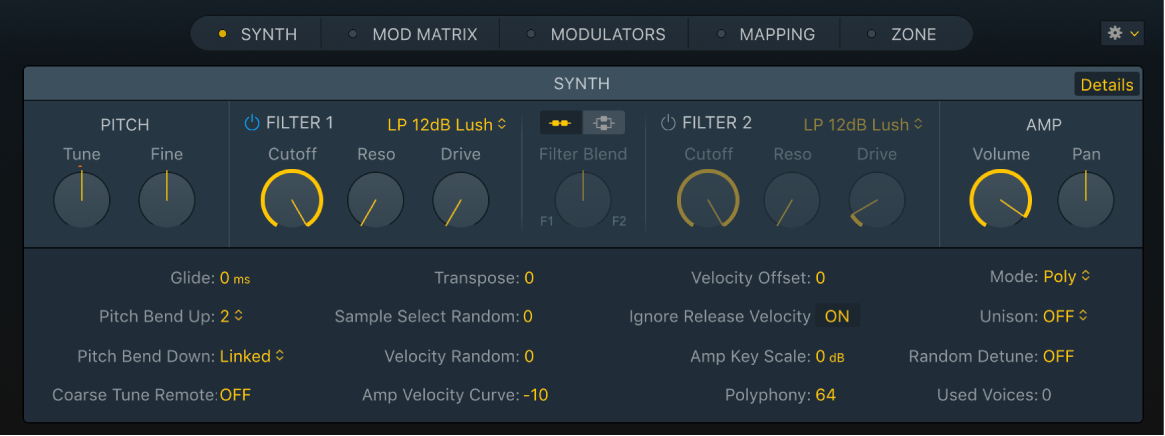 Figure, Sampler Synth Pane, with Details parameters also shown.