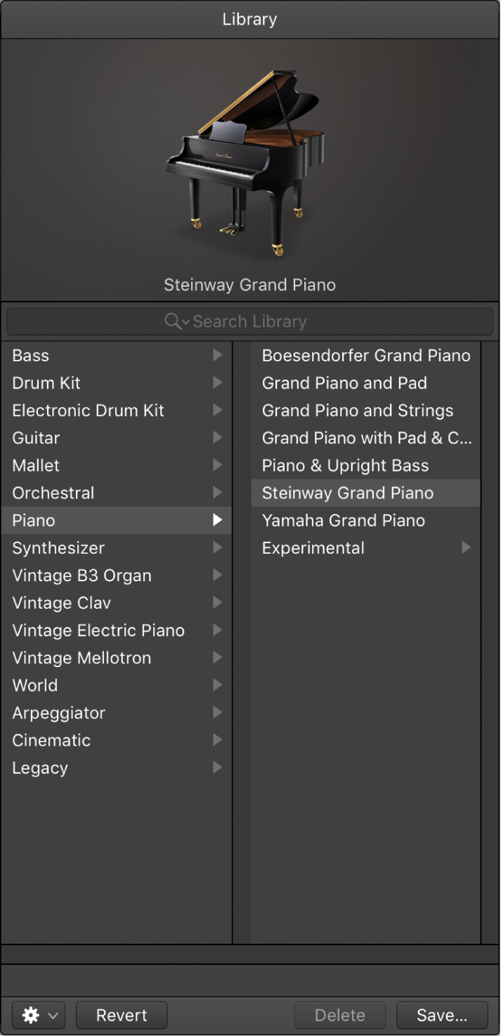 Figure. The Library with the Piano category and a Grand Piano patch selected.