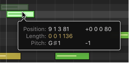Figure. Option-dragging a note to copy it in the Piano Roll Editor. The Help tag shows the notes position and pitch.
