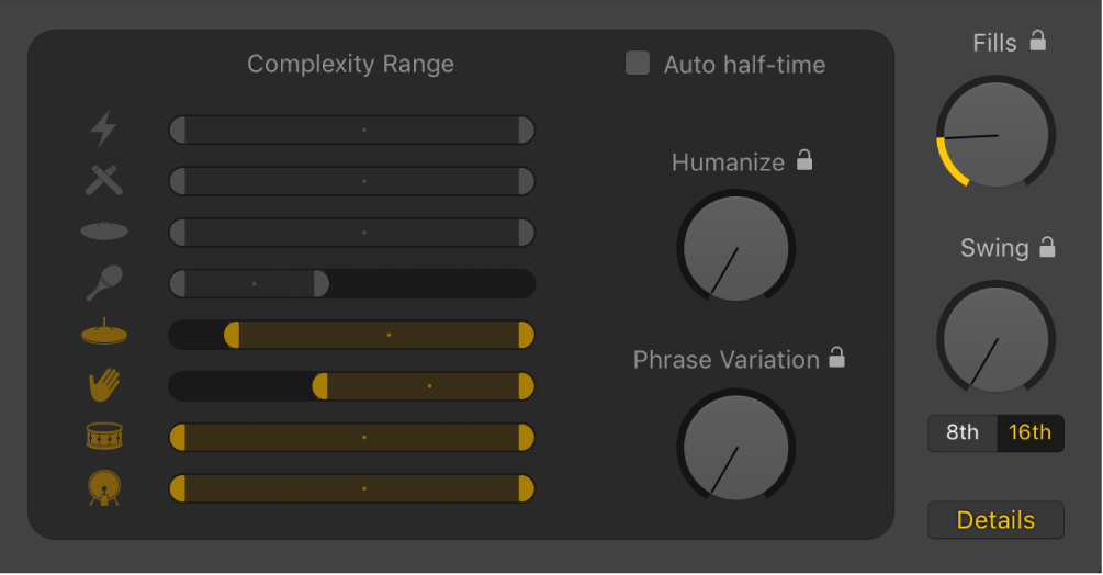 Figure. Humanize knob, Evolution knob, and Complexity Range sliders in the Drummer Editor.