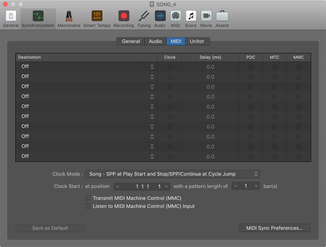 Figure. MIDI Synchronization settings.